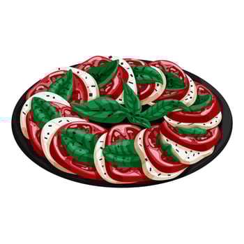 Caprese salad in cartoon style. Italian dish with mozzarella, basil and pepper on a dark plate. Vector illustration isolated on a white background.