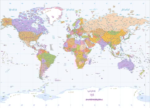 Political world map Arabic language Miller projection vector