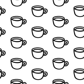 Hand drawn seamless pattern with cup of coffee, chocolate, cocoa, americano or cappuccino. Doodle mug isolated on white background. Adults and kids coloring page, coloring book, design for cafe vector