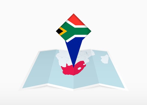 South Africa is depicted on a folded paper map and pinned location marker with flag of South Africa. vector
