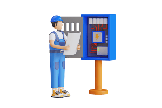 Electrician engineer checking circuit box 3D Illustration. Electrician engineer working with breaker and fuse box. png