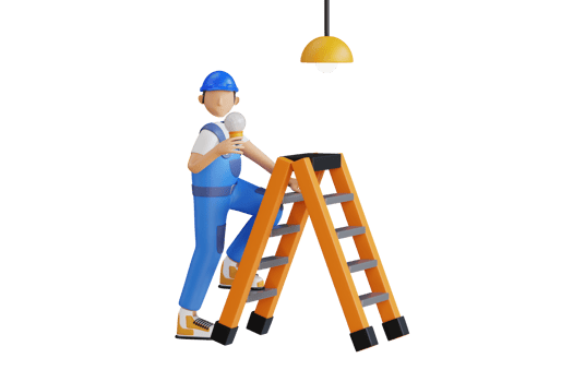 Electrician changes the broken lamp 3d illustration. Man changing light bulb in ceiling lamp while standing on stool. 3D Illustration png