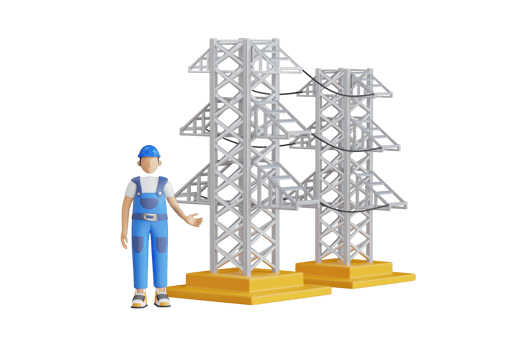 3d illustration of electrical engineer standing near electricity tower. electrical engineer working near to High voltage tower png