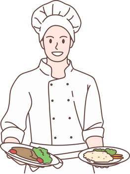 Illustration of chef holding food characters. Hand drawn style. png