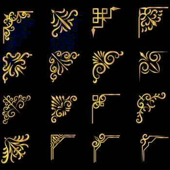 Gold vector illustration of decorative corner frame set. Hand Draw of Corners Different Shapes golden corner frame vintage frame decoration, Gold floral ornaments.