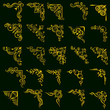 Gold vector illustration of decorative corner frame set. Hand Draw of Corners Different Shapes golden corner frame vintage frame decoration, Gold floral ornaments.