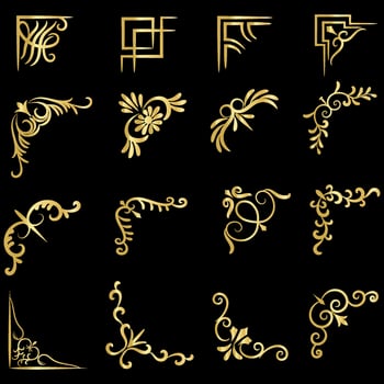 Gold vector illustration of decorative corner frame set. Hand Draw of Corners Different Shapes golden corner frame vintage frame decoration, Gold floral ornaments.