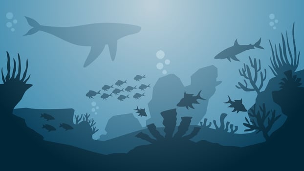 Seascape vector illustration. Scenery of shipwreck at bottom of the sea with coral reef and fish. Underwater wildlife for illustration, background or wallpaper