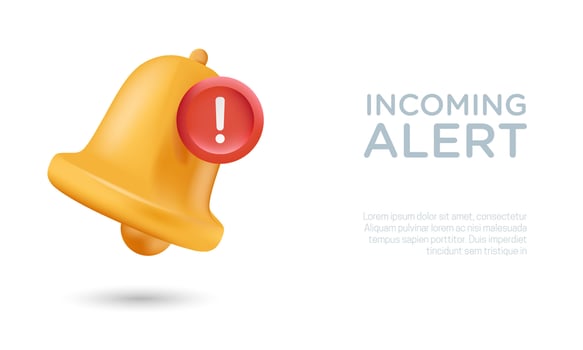 3D realistic bell notification vector illustration. Incoming alert notification icon.