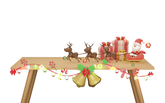 Santa claus with reindeer, sleigh, gift box, Jingle bell, candy cane, pine tree, calendar, clear glass lantern garlands on the table. merry christmas and happy new year, 3d render illustration png
