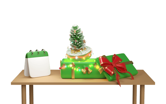 gift box with christmas tree, calendar, clear glass lantern garlands on the table. merry christmas and happy new year, 3d render illustration png