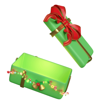 gift box with golden ribbon, bow, branches of pine trees, Jingle bell, candy cane, red bow, holly berry leaves, clear glass lantern garlands. merry christmas and happy new year, 3d render illustration png