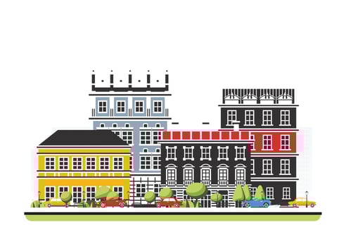 City district with old buildings in flat style with trees and cars. City scene isolated on white background. Urban architecture. Old street european architecture. vector