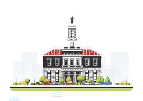 City hall building in flat style with trees and cars. City scene isolated on white background. Urban architecture. vector