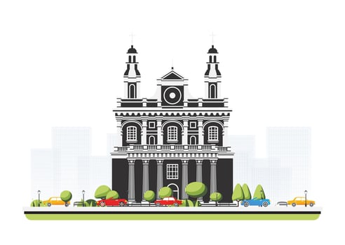 Old cathedral building in flat style with trees and cars. City scene isolated on white background. Urban architecture. Medieval church. vector