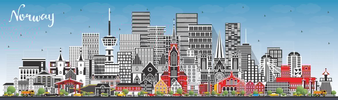 Norway city skyline with gray buildings and blue sky. Concept with historic and modern architecture. Norway cityscape with landmarks. Oslo. Stavanger. Trondheim. Bergen. vector