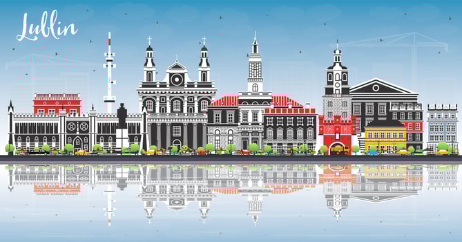 Lublin Poland city skyline with color buildings, blue sky and reflections. Lublin cityscape with landmarks. Business travel and tourism concept with historic architecture. vector