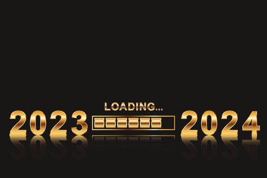 Golden number 2023 loading to 2024 with black scene. 3d numbers symbol. 2024 Happy New Year. Golden metallic calligraphic numbers 2024. Holiday festive banner design. Lettering sign composition vector