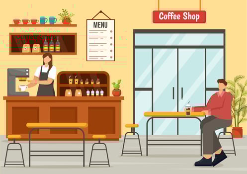 Coffee Shop Vector Illustration with Interior and Furniture Suitable for Poster or Advertisement in Flat Cartoon Background Design
