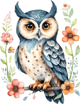 AI generated Watercolor of an owl with flowers. Ai-generated. png