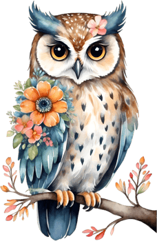 AI generated Watercolor of an owl with flowers. Ai-generated. png