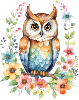 AI generated Watercolor of an owl with flowers. Ai-generated. png
