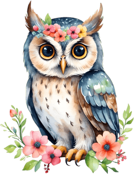 AI generated Watercolor of an owl with flowers. Ai-generated. png