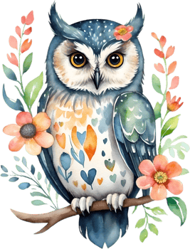 AI generated Watercolor of an owl with flowers. Ai-generated. png