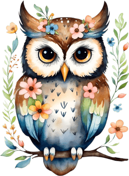 AI generated Watercolor of an owl with flowers. Ai-generated. png