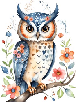 AI generated Watercolor of an owl with flowers. Ai-generated. png