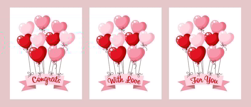 A set of cards with balloons hearts for Valentine's Day, wedding. Congratulations, with love, for you. Illustration, vector