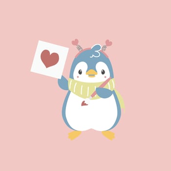 cute and lovely penguin holding paintbrush drawing heart shape on paper, happy valentine's day, love concept, flat vector illustration cartoon character costume design