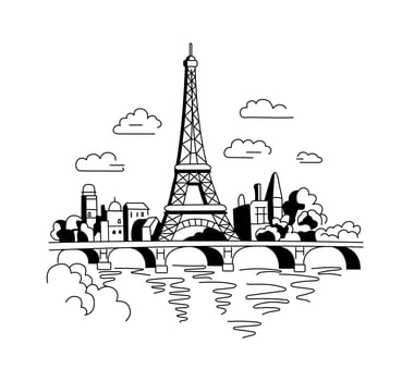 The Eiffel Tower in Paris against the backdrop of houses. Landmark of Paris. Illustration in doodle style on white background vector