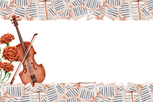 Violin, Bow, Sheet Music Pages decorated with Marigold Flowers. Classical music poster, card, flyer, certificate design. Space for your text. Watercolor illustration isolated on transparent background png