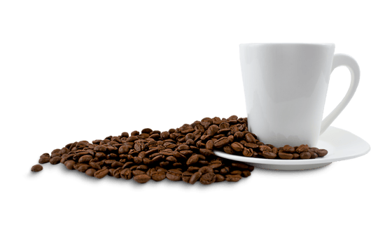 A cup of coffee and coffee beans isolated on a transparent background. png