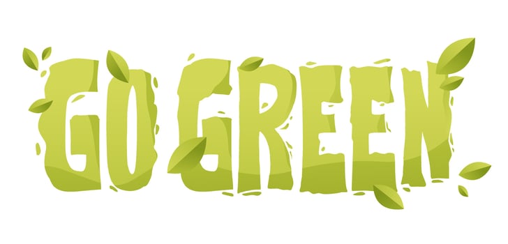 Quote  go green,  made from grass and leaves. Ecology concept. Cartoon vector illustration.