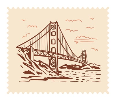 Golden Gate Bridge across the strait. San Francisco. Vector illustration on a postage stamp