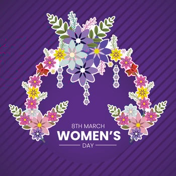 Happy women's day greeting card. Postcard on March 8. Text with flowers, vector design.
