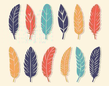 Colorful bird feathers set icon. Feather silhouette. Plumelet flat collection. Vintage pen for calligraphy. Vector isolated on white