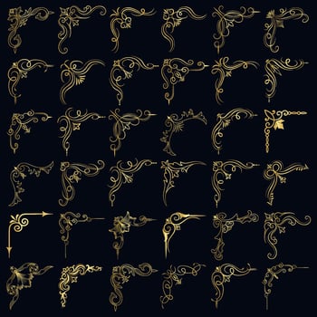 Gold vector illustration of decorative corner frame set. Hand Draw of Corner frame Different Shape golden corner frames vintage frame decoration, Gold floral ornaments.