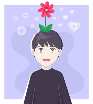 mental health illustration with a smiling boy and flowers on his head vector