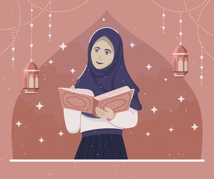 A Muslim woman reading the Koran in the month of Ramadan vector
