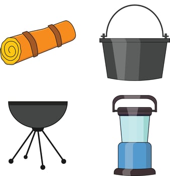 Camping Equipment Icon Set. With Cartoon Design. Vector Illustration.