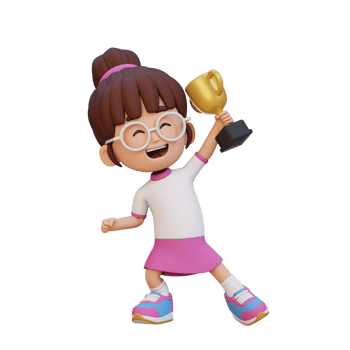 3D girl character celebrating win holding a trophy png