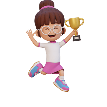 3D girl character celebrating win holding a trophy png