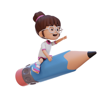 3D girl character riding a pencil and pointing hand png