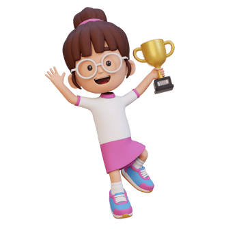 3D girl character celebrating win holding a trophy png