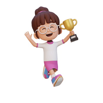 3D girl character celebrating win holding a trophy png