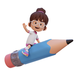 3D girl character riding a pencil and waving hand png