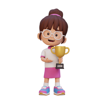 3D girl character celebrating win holding a trophy png
